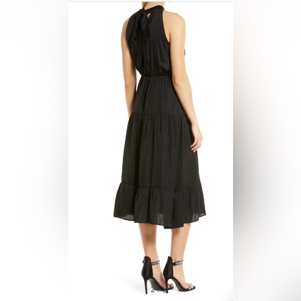 Sam Edelman Women’s High Neck Tiered Hem Sleeveless Midi Satin Dress Black - Picture 3 of 5